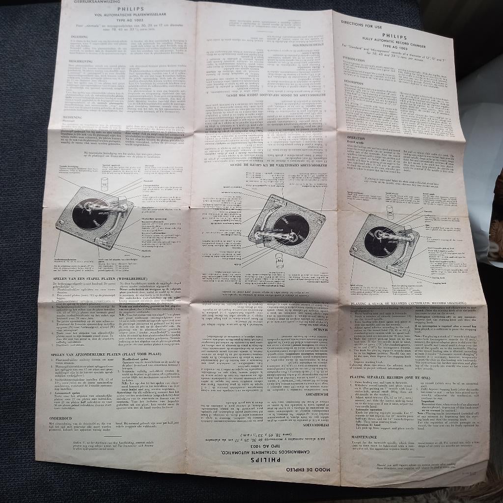 Philips platenspeler AG 1003 sjabloon en gebruiksaanwijzing, Ophalen of Verzenden, Zo goed als nieuw, Philips