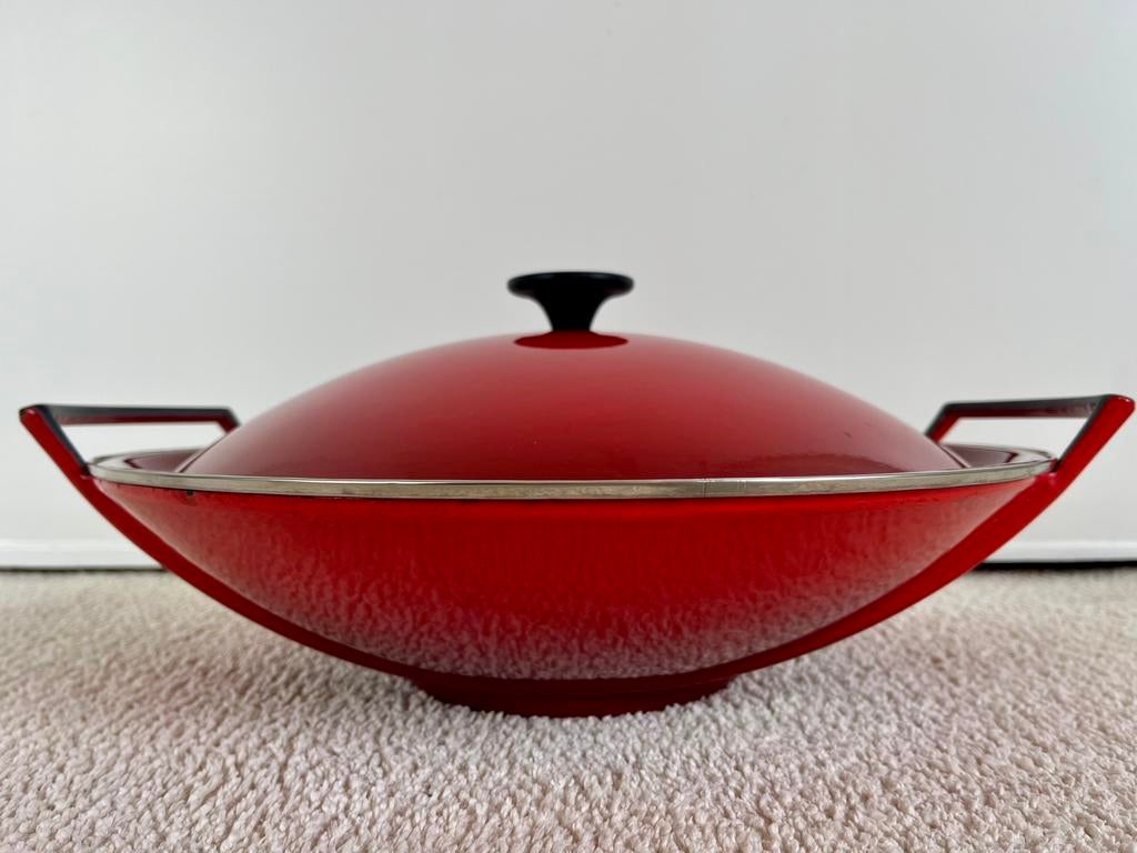 Le Creuset wok 32cm, Gebruikt, Gietijzer, Ophalen of Verzenden, Keramische plaat