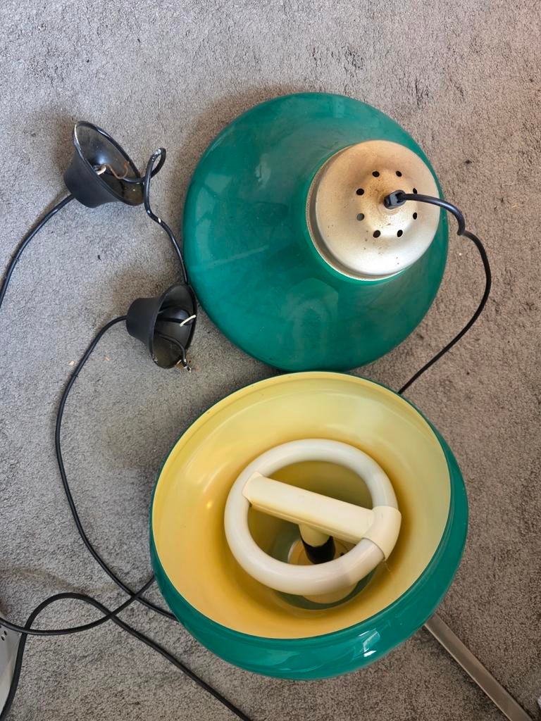 Mooie vintage biljartlampen set, Huis en Inrichting, Lampen | Hanglampen, Gebruikt, Minder dan 50 cm, Kunststof, Metaal, Ophalen of Verzenden