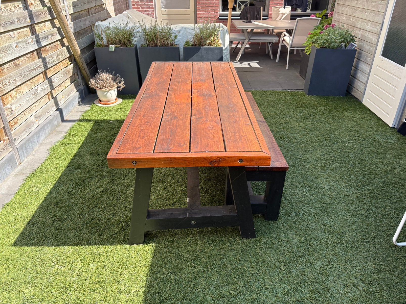 Douglas tafel en bank, zelfgemaakt, Tuin en Terras, Ophalen, Zo goed als nieuw, Rechthoekig, Hout