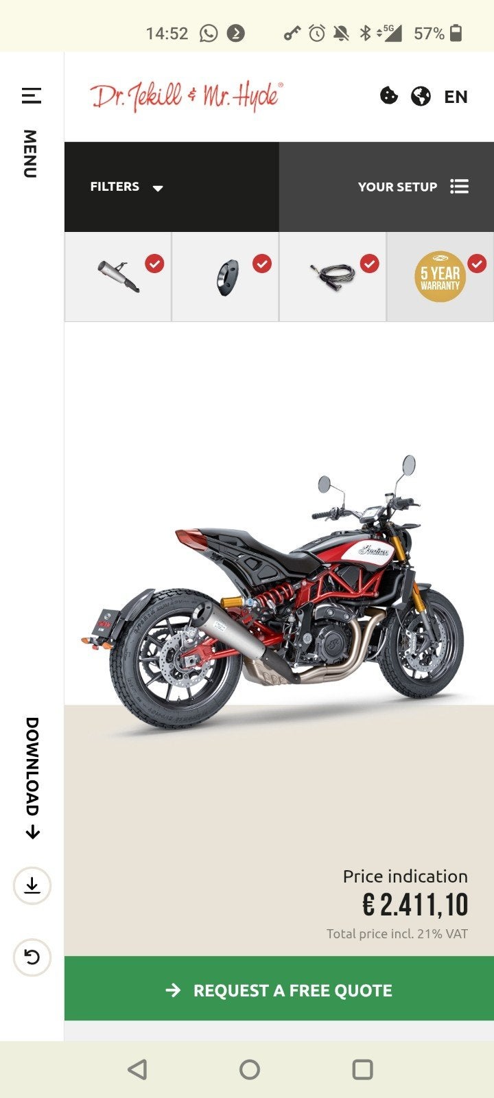 Indian FTR1200 Jekill & Hyde - regelbare uitlaat, Motoren, Ophalen of Verzenden