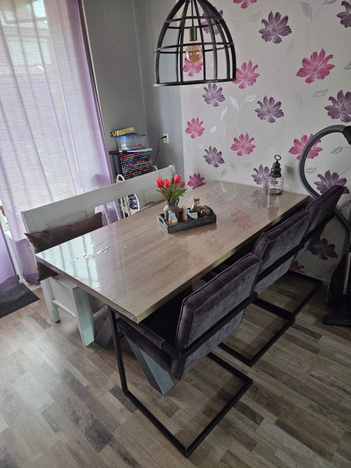 Eetkamertafel set met klepbank en 3 stoelen, Ophalen, Gebruikt, 50 tot 100 cm, Vijf personen of meer