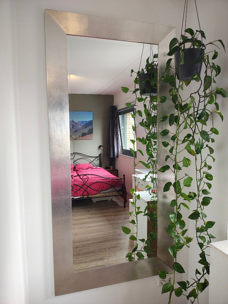 Grote wandspiegel met zilverkleurige lijst, Ophalen, Zo goed als nieuw, 75 tot 100 cm, 150 tot 200 cm