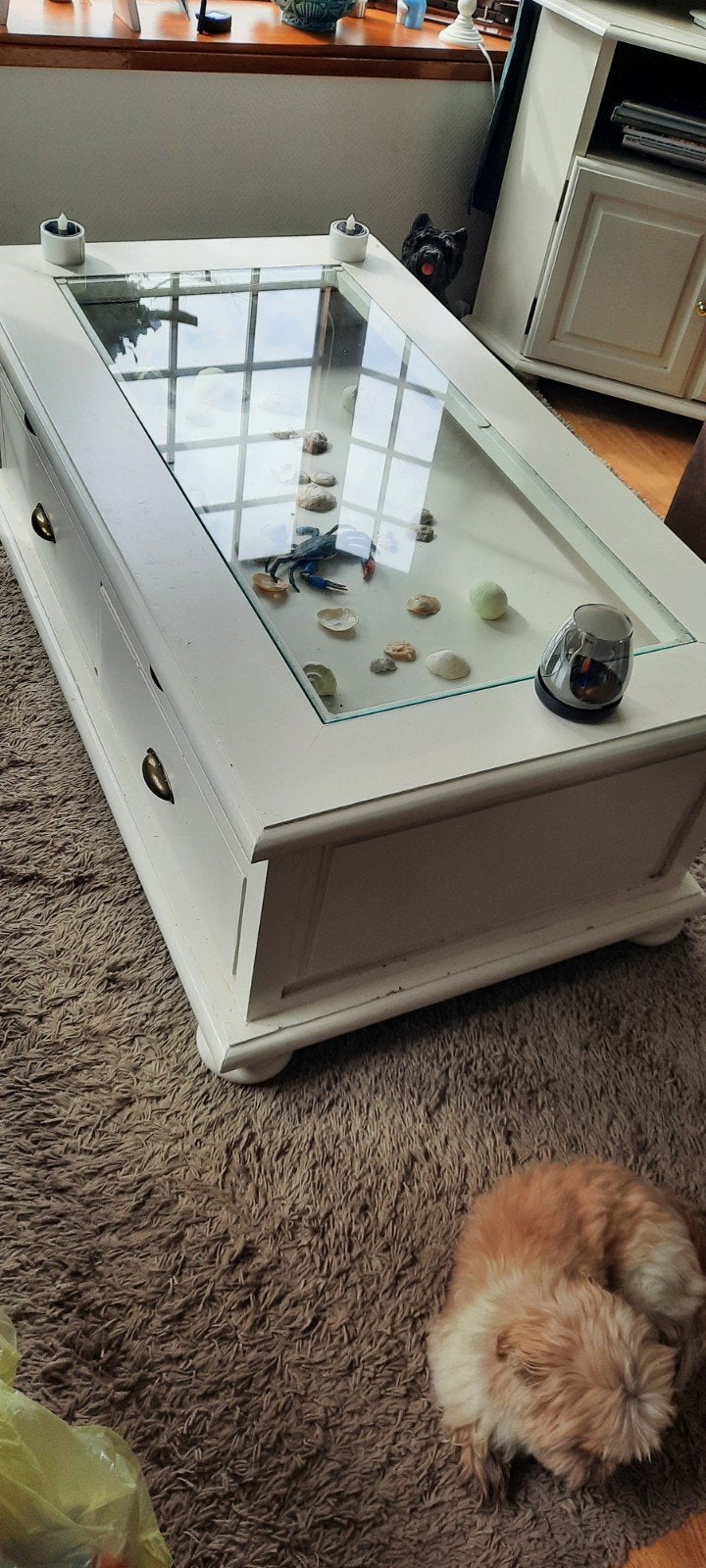 salontafel met glasplaat en 2 grote lades., Ophalen, Gebruikt, 100 tot 150 cm, 50 tot 100 cm