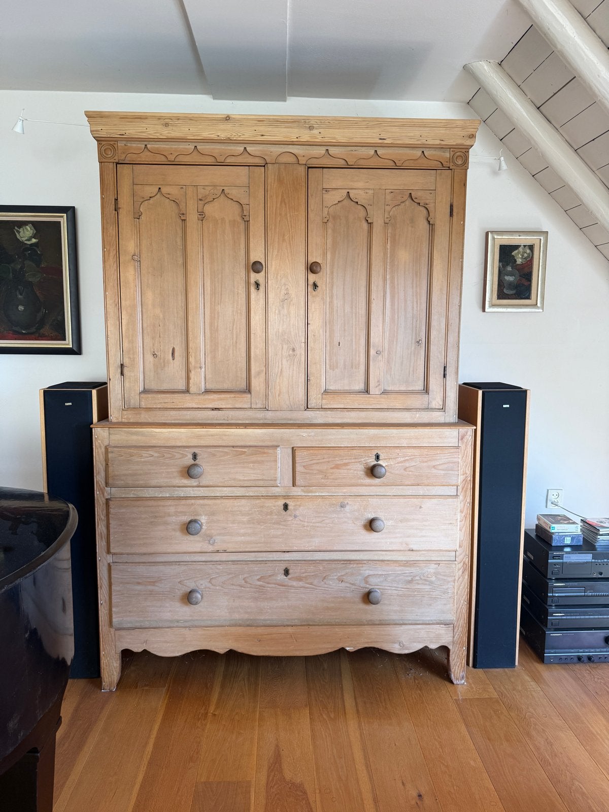 Antieke Engelse grenen linnenkast ca. 1880, 2 delig, Ophalen
