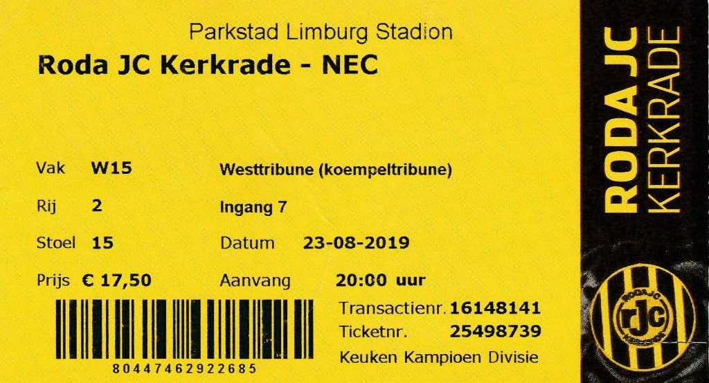 Ticket:RODA JC v NEC NIjmegen 23-08-2019, Verzenden, Overige binnenlandse clubs, Overige typen