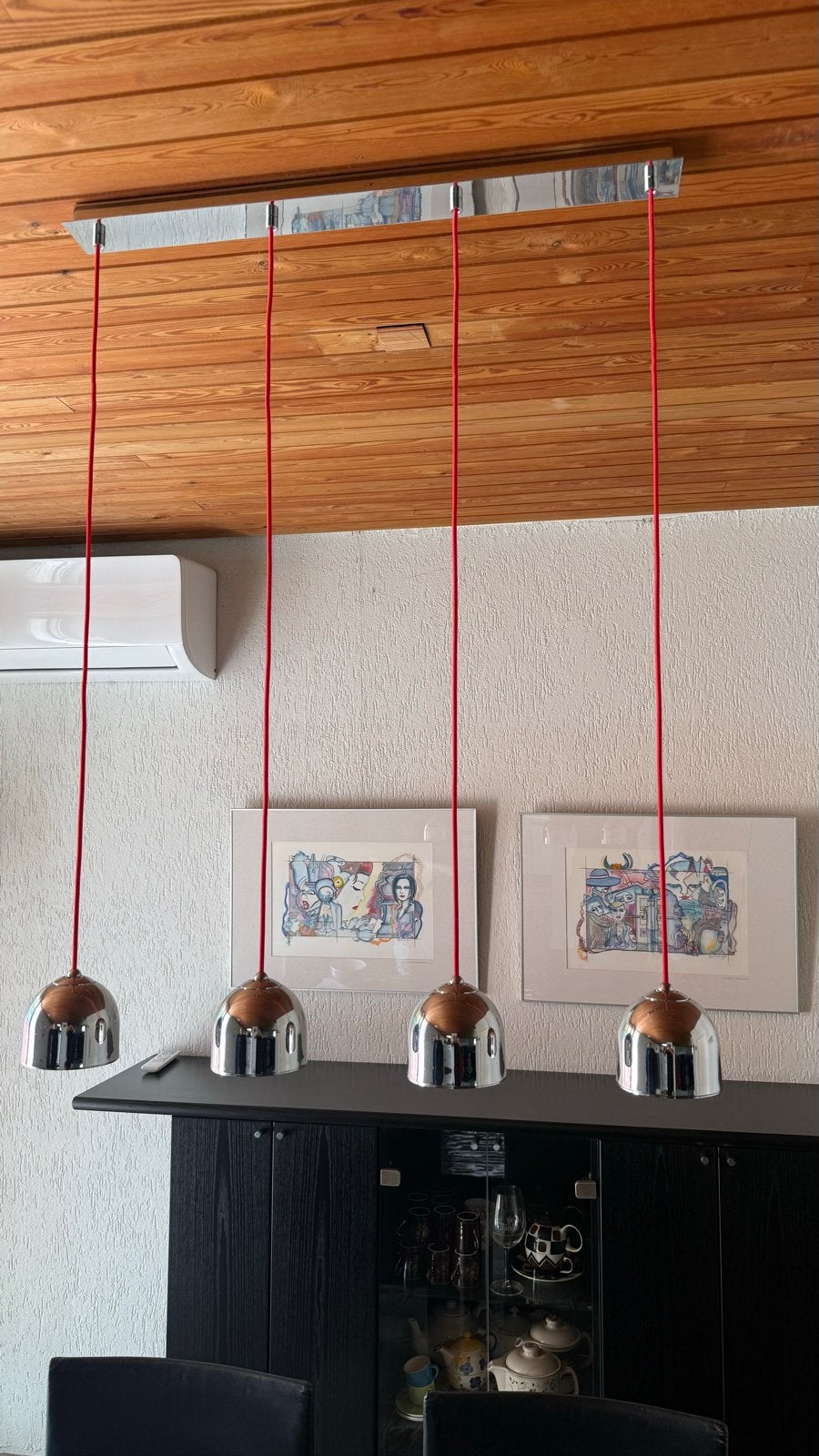 Moderne Eettafel Hanglamp - 4 Verchroomde Bollen, Rode Snoer, Huis en Inrichting, Lampen | Hanglampen, Ophalen, Zo goed als nieuw