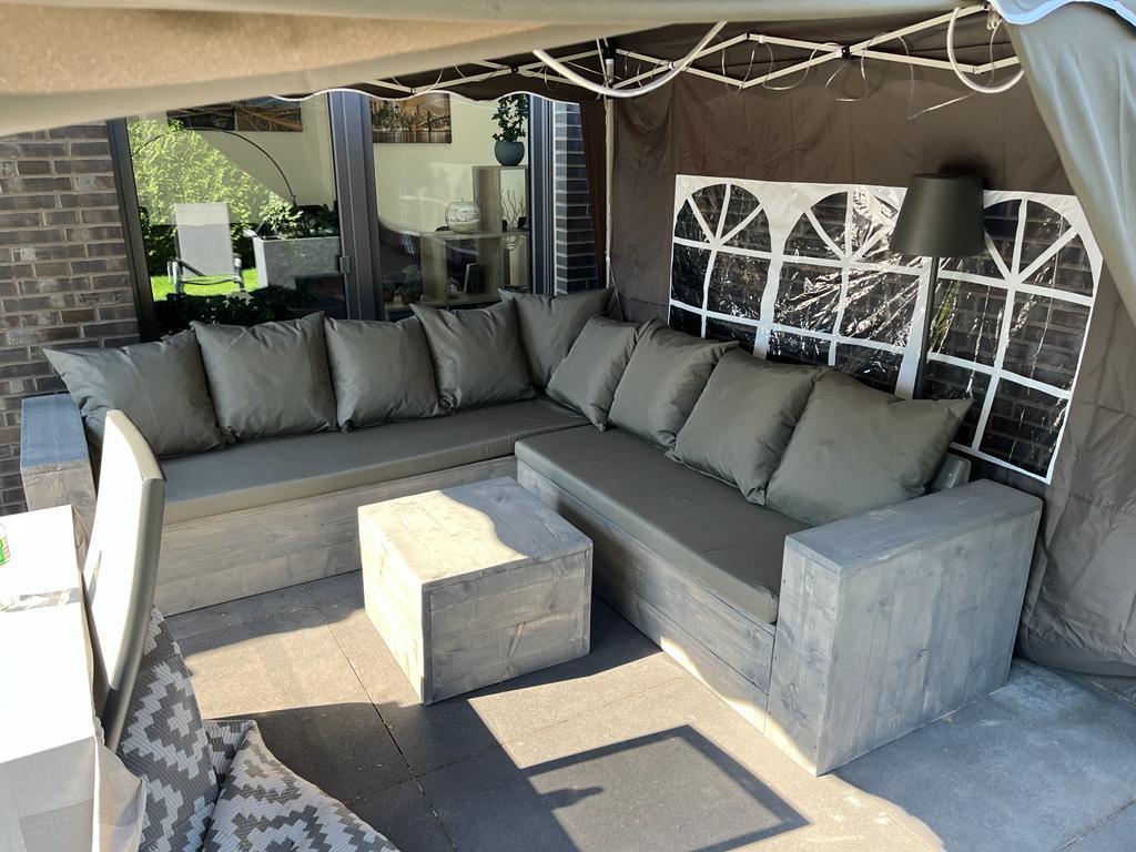 Loungeset hoekbank tuinset loungebank van Steigerhout SALE, Ophalen of Verzenden, Zo goed als nieuw, Steigerhout, Hocker