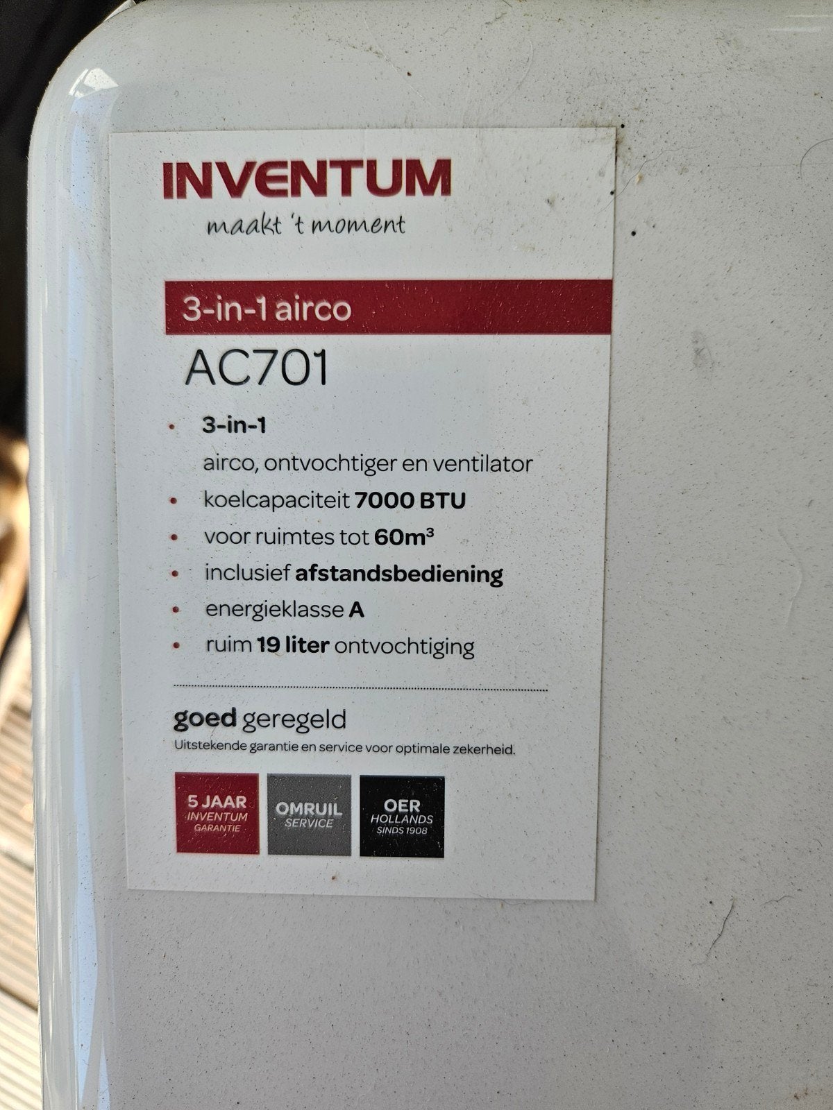 inventum ac701 airconditioning, Witgoed en Apparatuur, Ophalen, Gebruikt, Minder dan 60 m³, 3 snelheden of meer