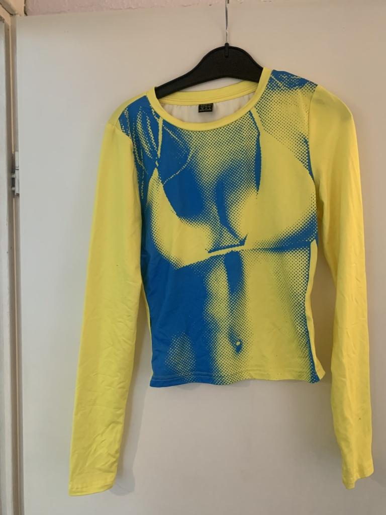 Geel/blauwe shirt van de Shein. Maat XS, Geel, Ophalen of Verzenden, Zo goed als nieuw, Lange mouw