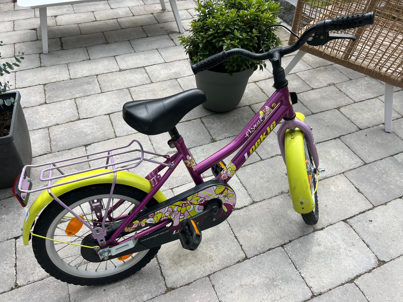 16 inch loekie paars met gele fiets, Ophalen, Gebruikt, Terugtraprem, 16 tot 20 inch