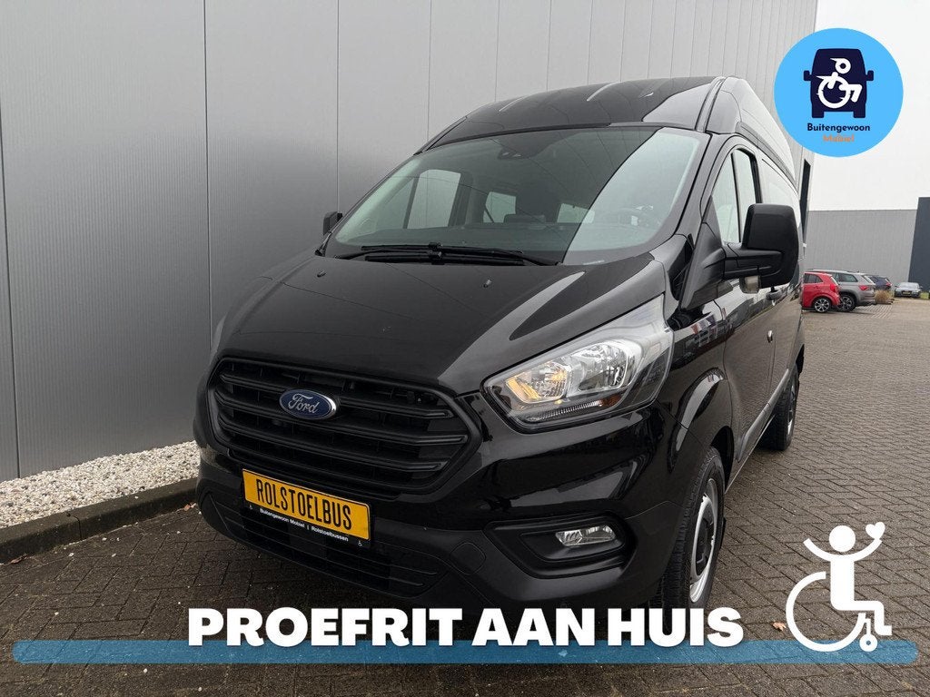 Ford Transit Custom Rolstoelbus 2021 Automaat Airco Meerijde, Auto's, Bestelauto's, Stof, Zwart, 4 cilinders, Lichtsensor