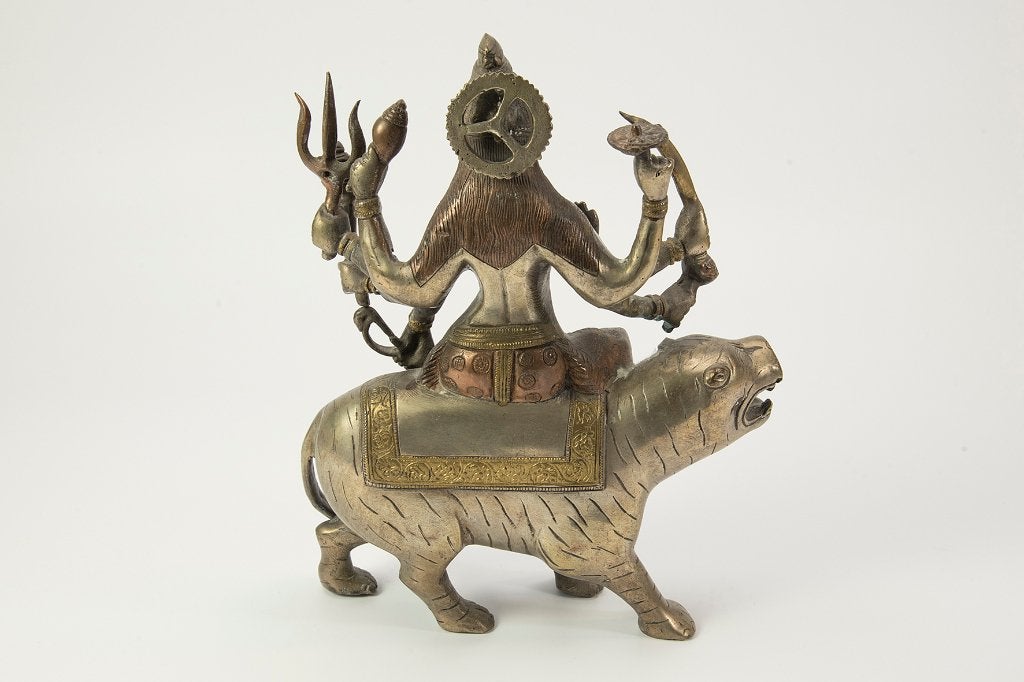 Bronzen Beeld van Godin Durga op Tijger, Ophalen of Verzenden, Brons, 20 - 50 cm, Azië