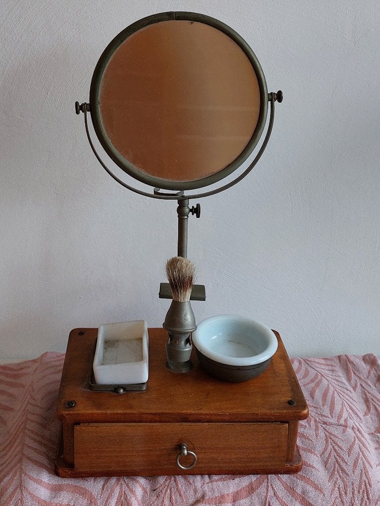 Antieke scheerspiegel scheerset verstelbaar, Ophalen, Rechthoekig, Minder dan 50 cm, Minder dan 100 cm