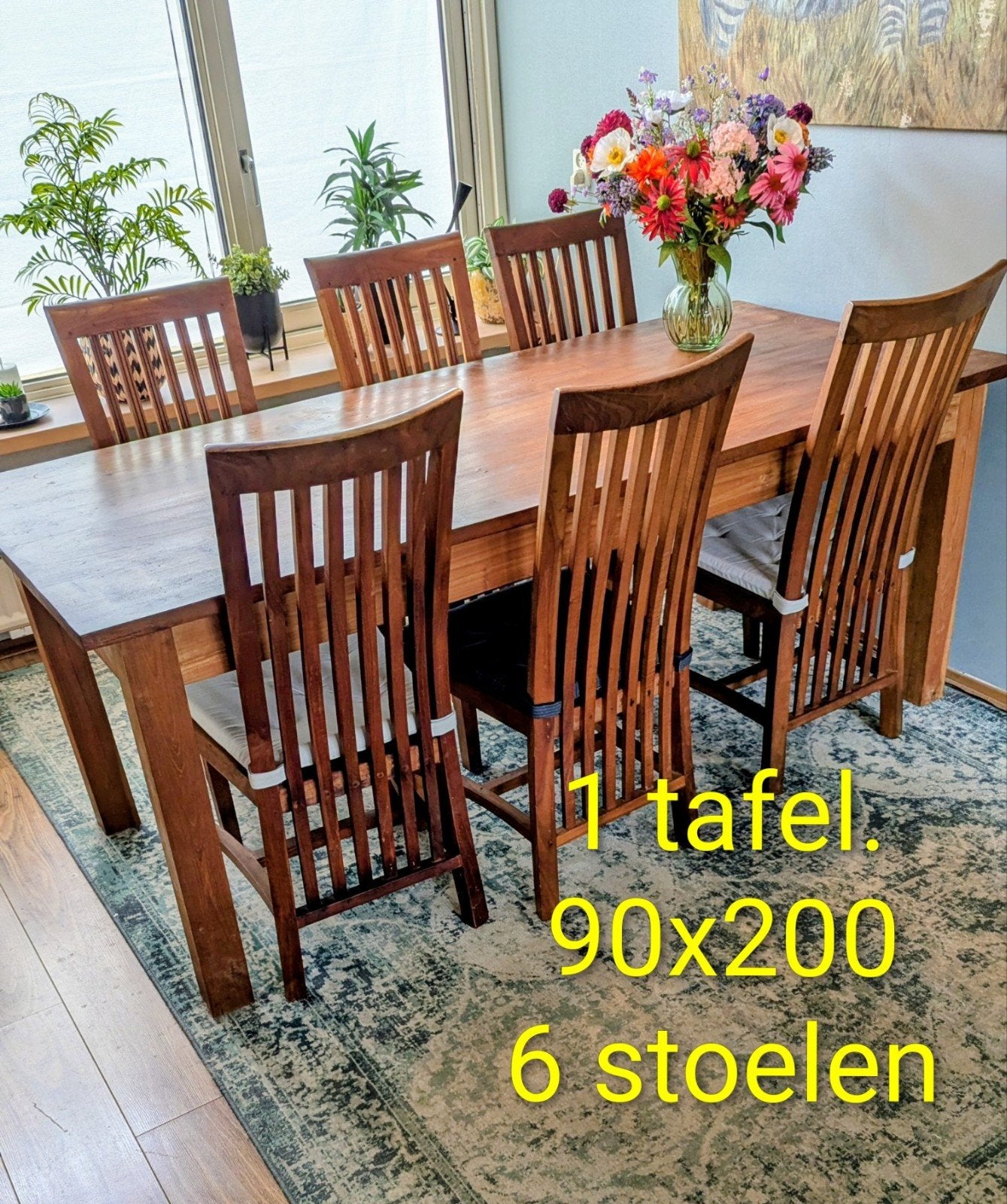 # INDO TEAK   EETTAFEL + 6 STOELEN.kast wand meubel fauteuil, Ophalen, Gebruikt, Teakhout, 50 tot 100 cm