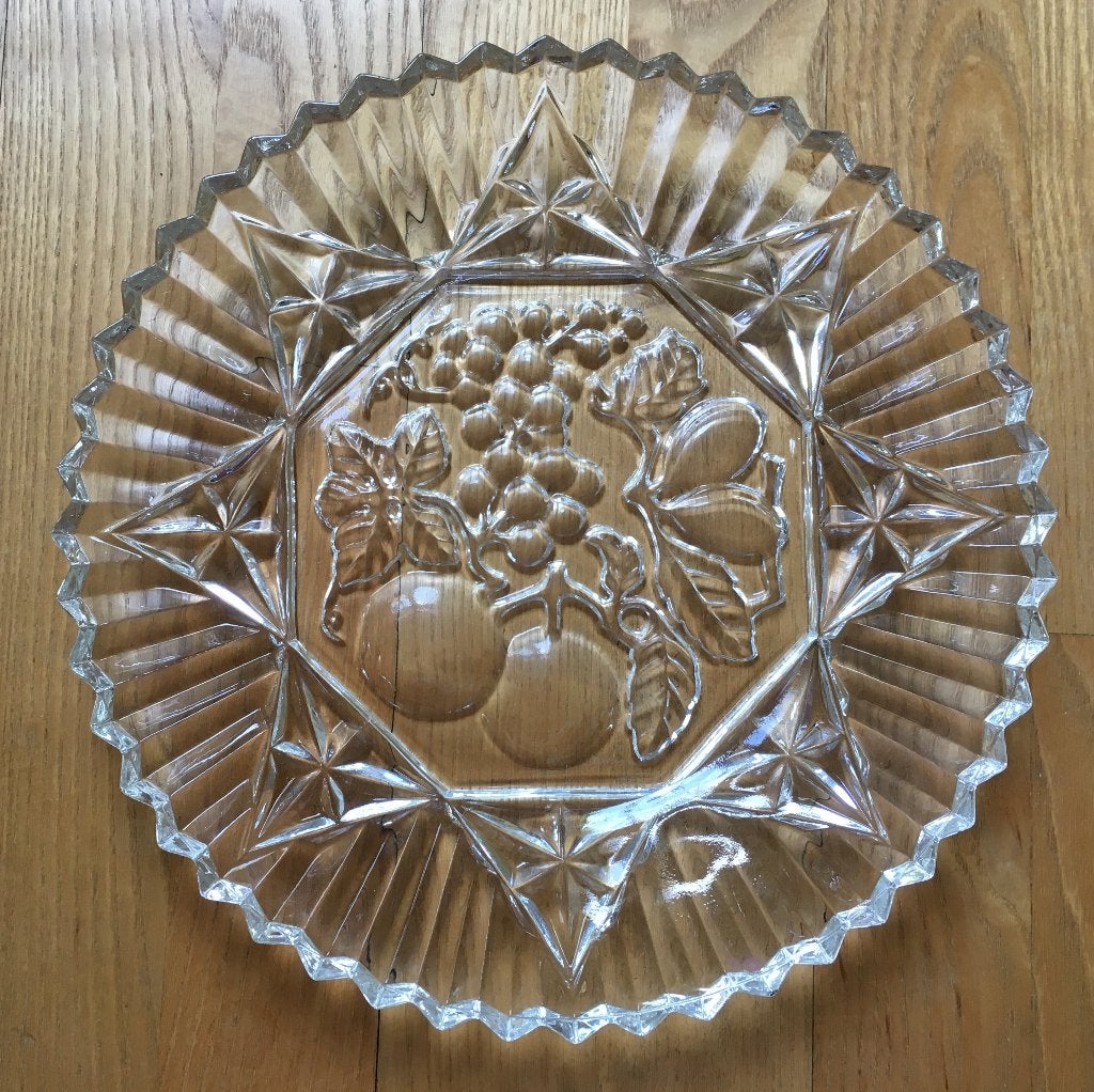 Fruitschaal plat glas met ingewerkt fruitmotief in het glas, Ophalen of Verzenden