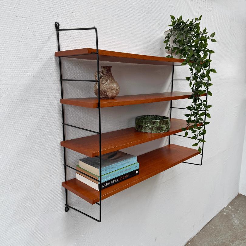 vintage wandrek draadstaal dragers zwart, 4x teak planken, Gebruikt, Onbekend, Ophalen of Verzenden, Onbekend