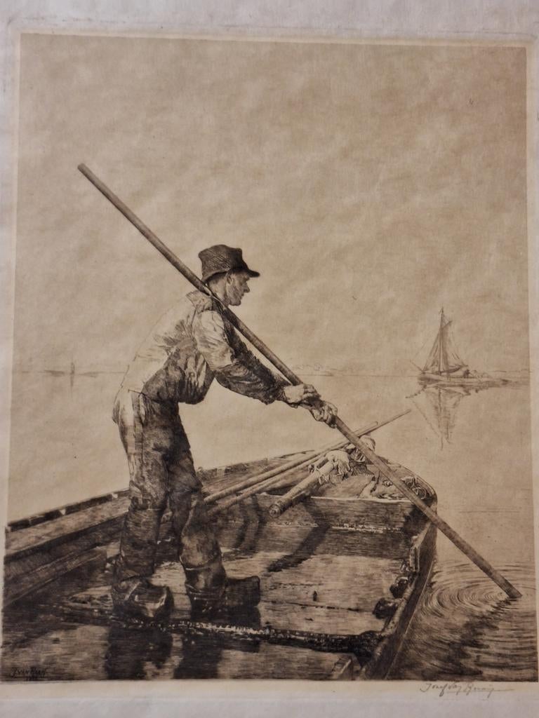 Duwboot ets - Gesigneerd door Josef v Raaij, Dagelijks leven, Ets, Ophalen of Verzenden, Gesigneerd