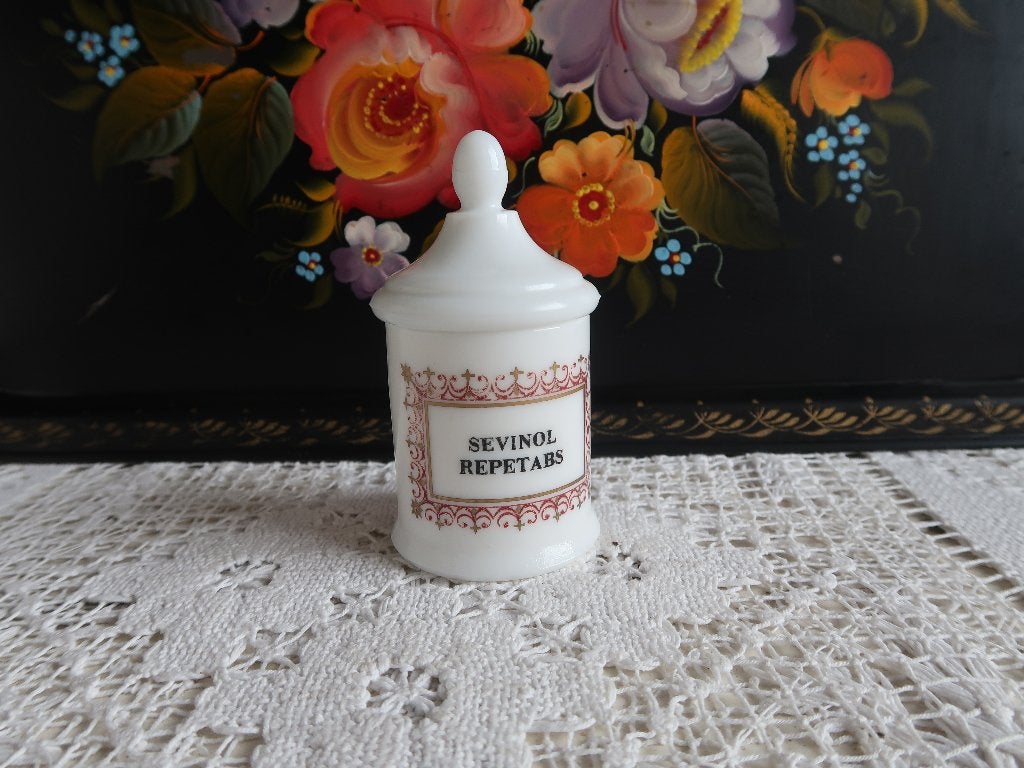 Franse opaline glas apothekerspotje Sevinol Repetabs gaaf, Ophalen of Verzenden