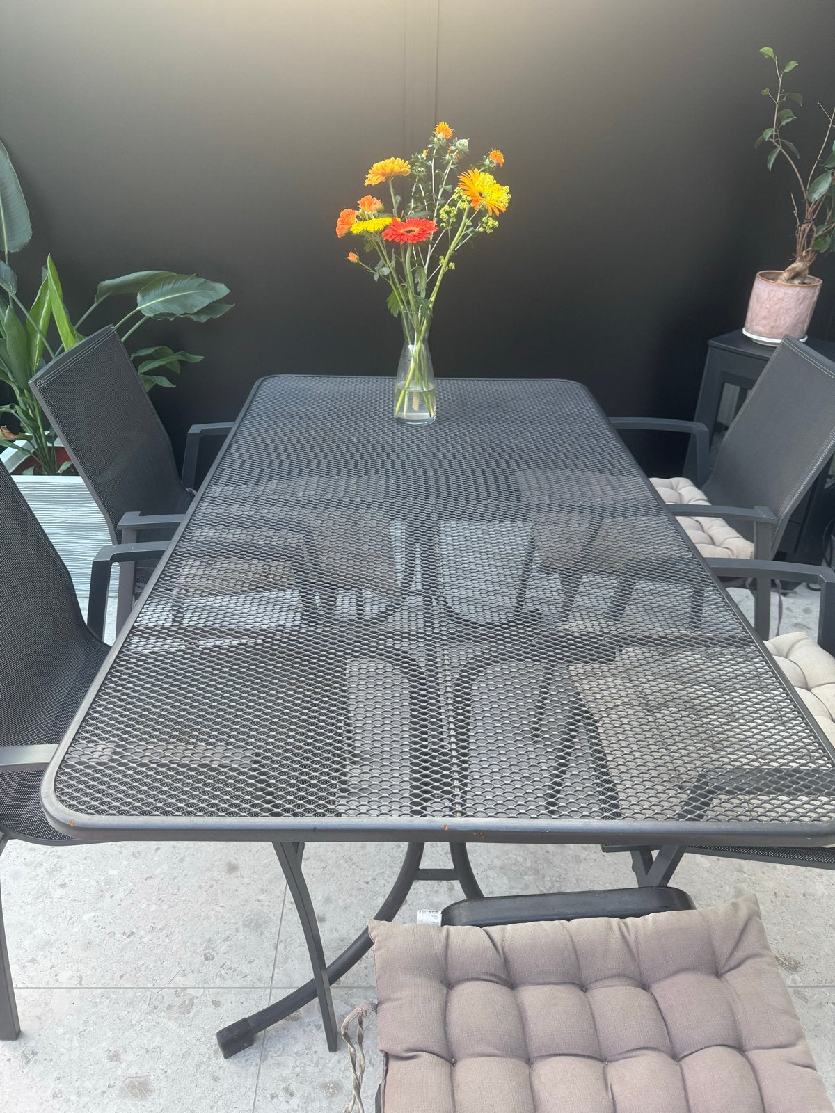 Moderne tuinset met 4 stoelen en tafel, Tuin en Terras, Ophalen, Gebruikt, Eettafel, Tuinset