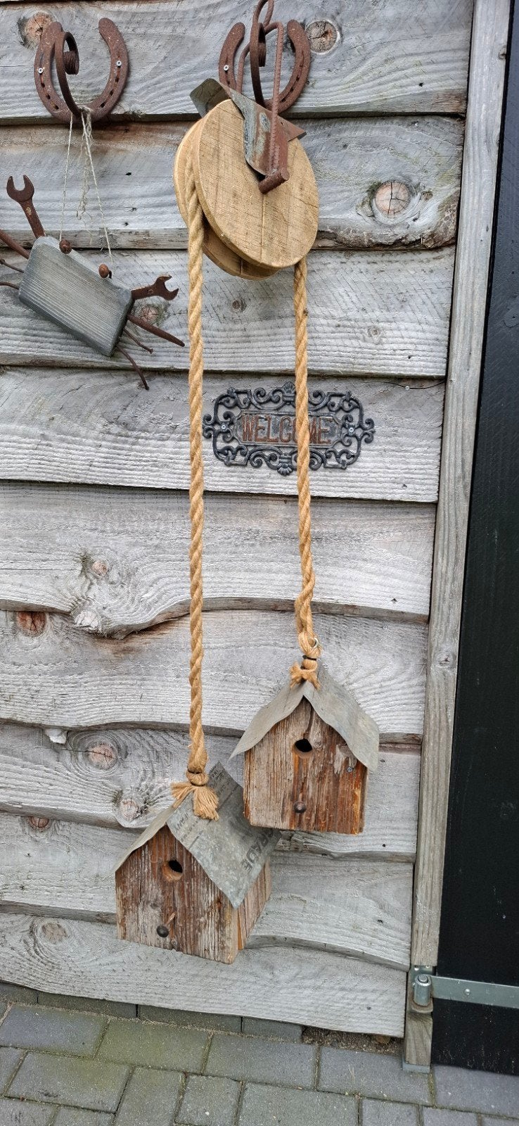 Vogelhuisjes aan een katrol vintage, Tuin en Terras, Ophalen of Verzenden