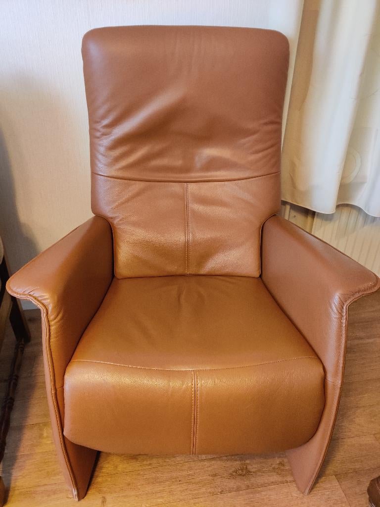 Relax fauteuil cognac maat L, Huis en Inrichting, Fauteuils, Ophalen, Gebruikt, 50 tot 75 cm, Leer