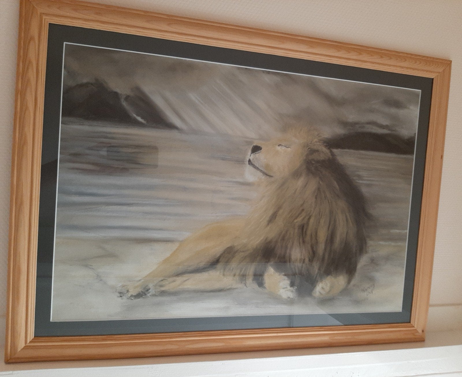 Ingelijste pastel leeuw, Antiek en Kunst, Kunst | Schilderijen | Klassiek, Ophalen of Verzenden