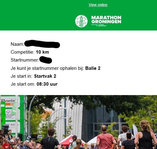 Startbewijs 10 km - Marathon van Groningen (31 mei), Sport en Fitness, Loopsport en Atletiek, Ophalen, Nieuw, Overige typen, Overige merken