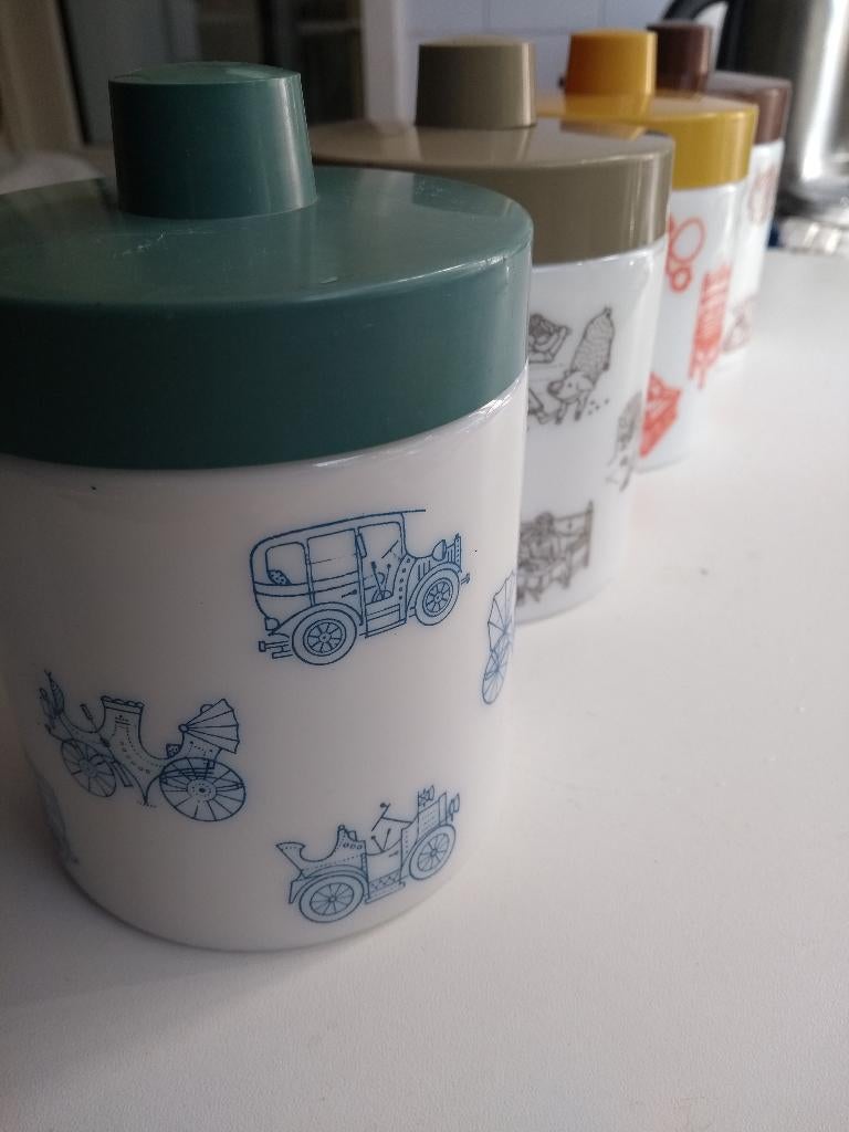 Voorraadpotjes mokka oploskoffie opaline vintage - set van 4, Verzamelen, Retro, Ophalen of Verzenden, Huis en Inrichting