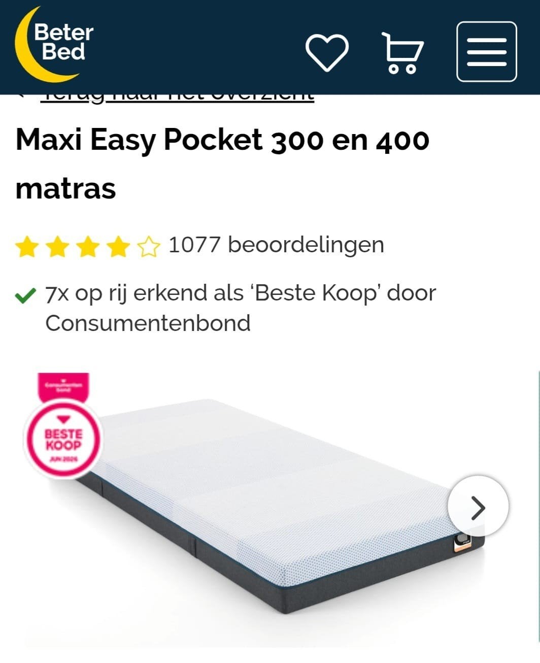Beter Bed easy pocket 140x200cm - beste koop consumentenbond, Ophalen, Tweepersoons, 140 cm, Zo goed als nieuw