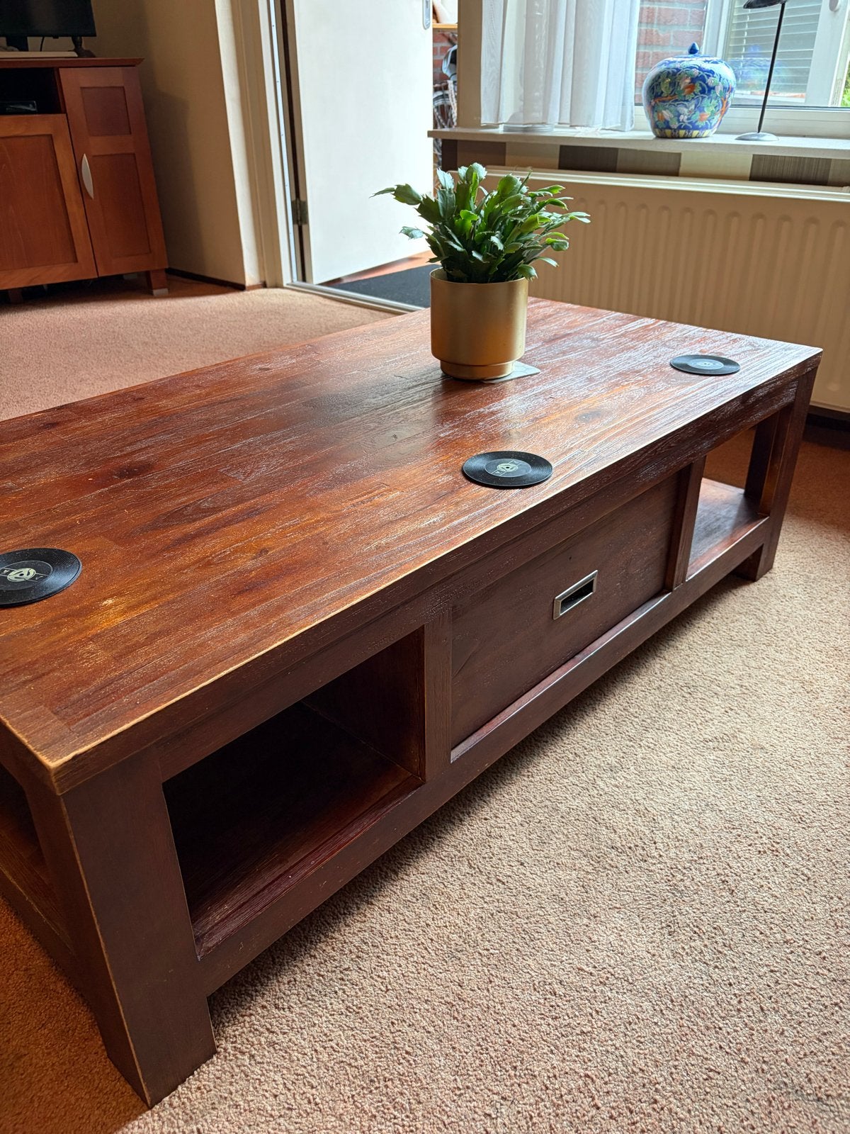 Salontafel met lade en opbergvakken - 124,5x65x39 cm, Ophalen, Gebruikt, 50 tot 100 cm, 100 tot 150 cm