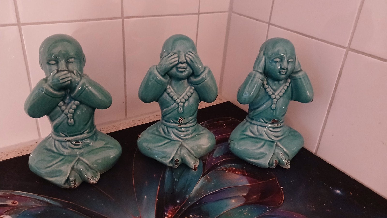 Set van 3 turquoise Boeddha / Monnik beeldjes "Horen, Zien,, Ophalen of Verzenden