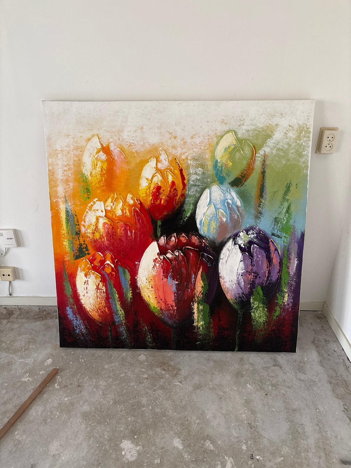 Kleurrijk schilderij met abstracte tulpen, Ophalen, Handgeschilderd, Olieverf, Bloemen