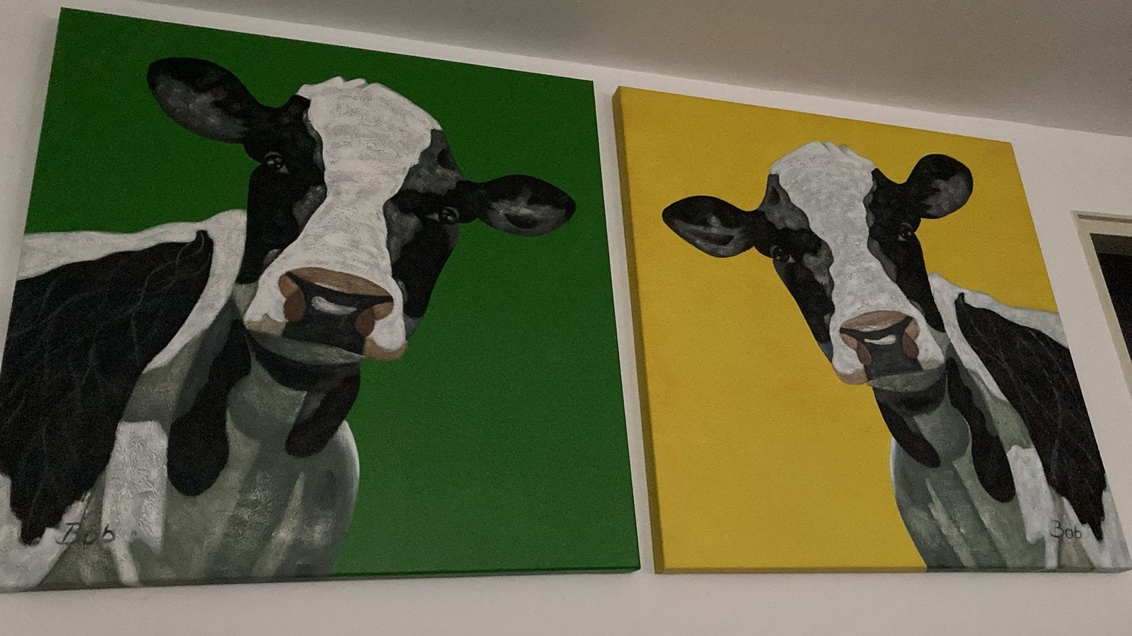 Set van 2 Koeien Schilderijen - Groen & Geel, Ophalen of Verzenden