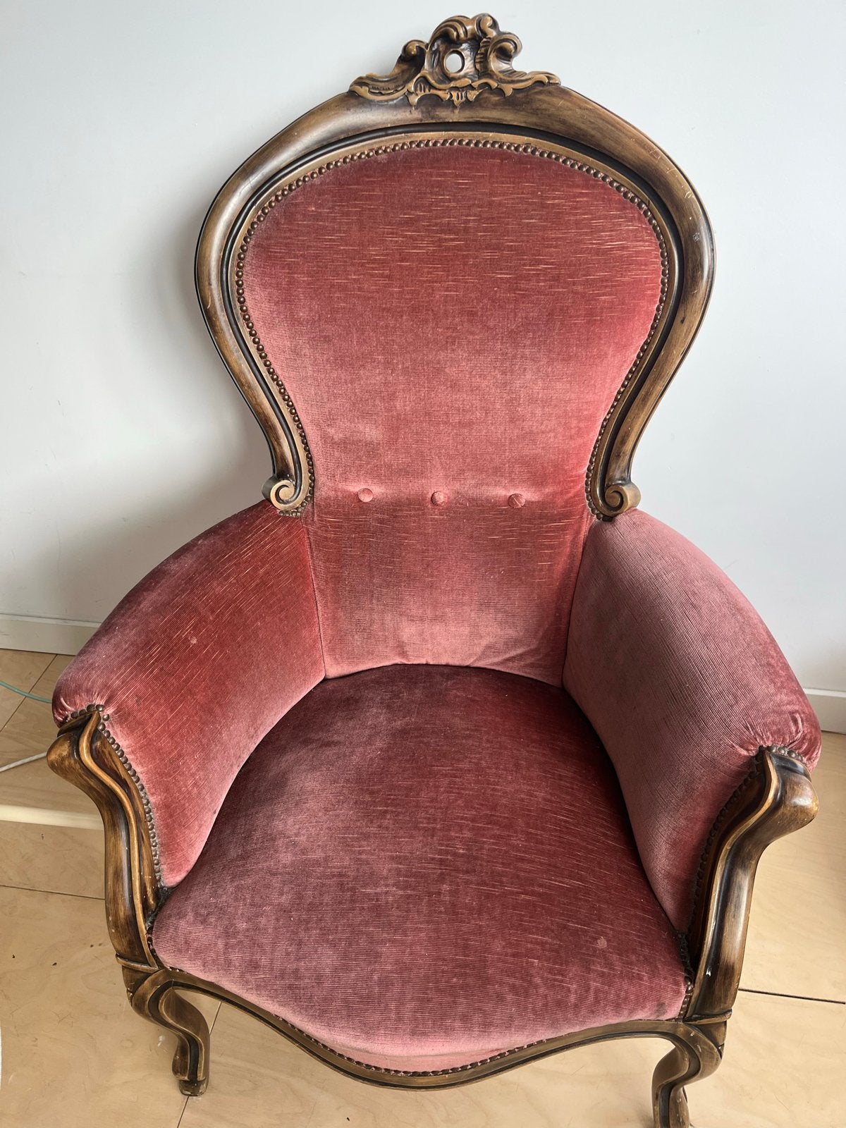 Antieke fauteuil - Roze velours en hout, Antiek en Kunst, Ophalen