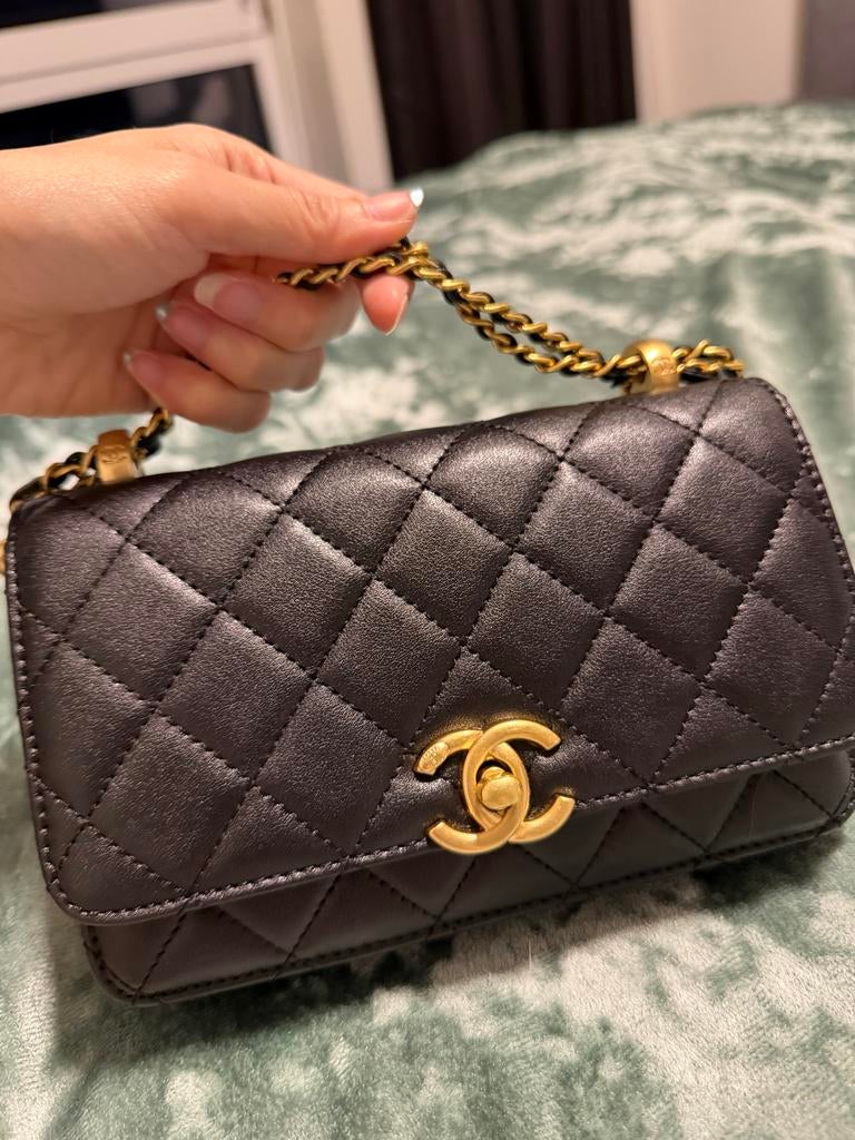 Wallet on Chain Zwart Leer Goud Hardware, Ophalen of Verzenden, Zo goed als nieuw, Zwart, Schoudertasje
