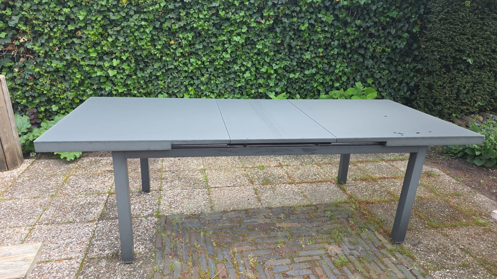 Aluminium tuintafel, uitschuifbaar, glazen blad, Tuin en Terras, Tuintafels, Ophalen, Zo goed als nieuw, Rechthoekig, Aluminium