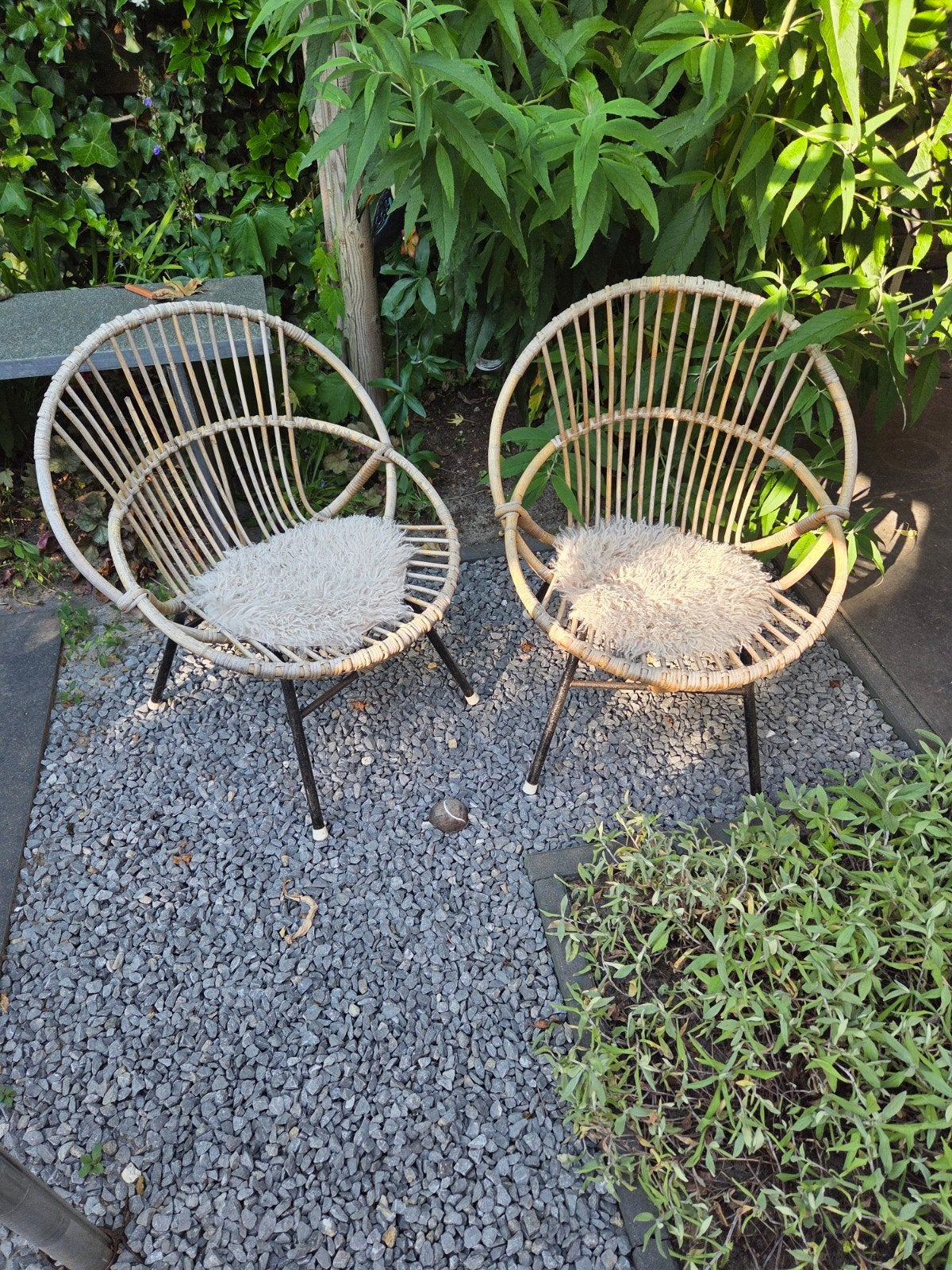 Set van 2 rotan stoelen met metalen poten, Huis en Inrichting, Stoelen, Gebruikt, Twee, Overige kleuren, Ophalen of Verzenden