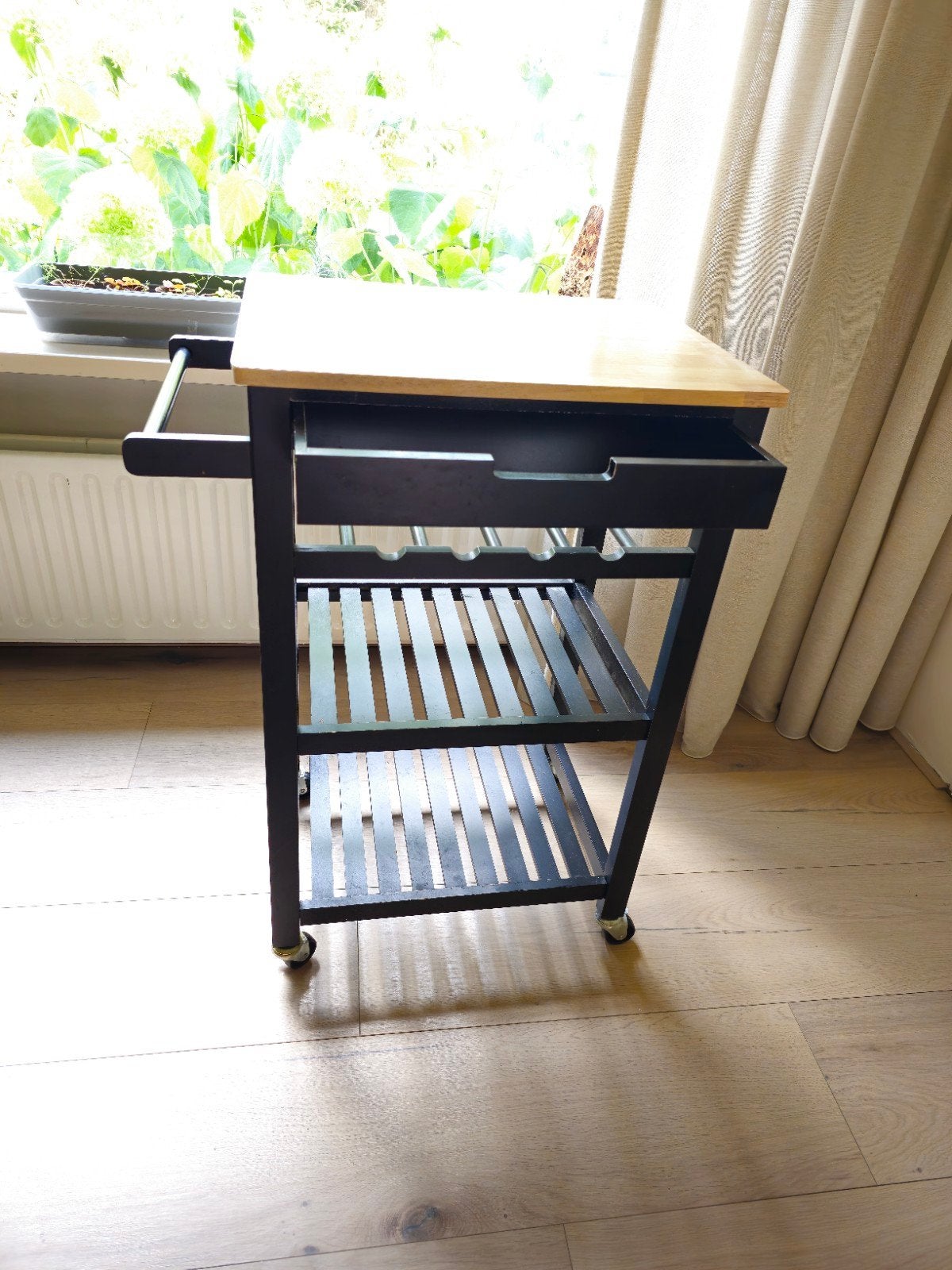 Moderne Keukentrolley op Wielen - Zwart Hout, Ophalen, Hout, Zwart, Nieuw