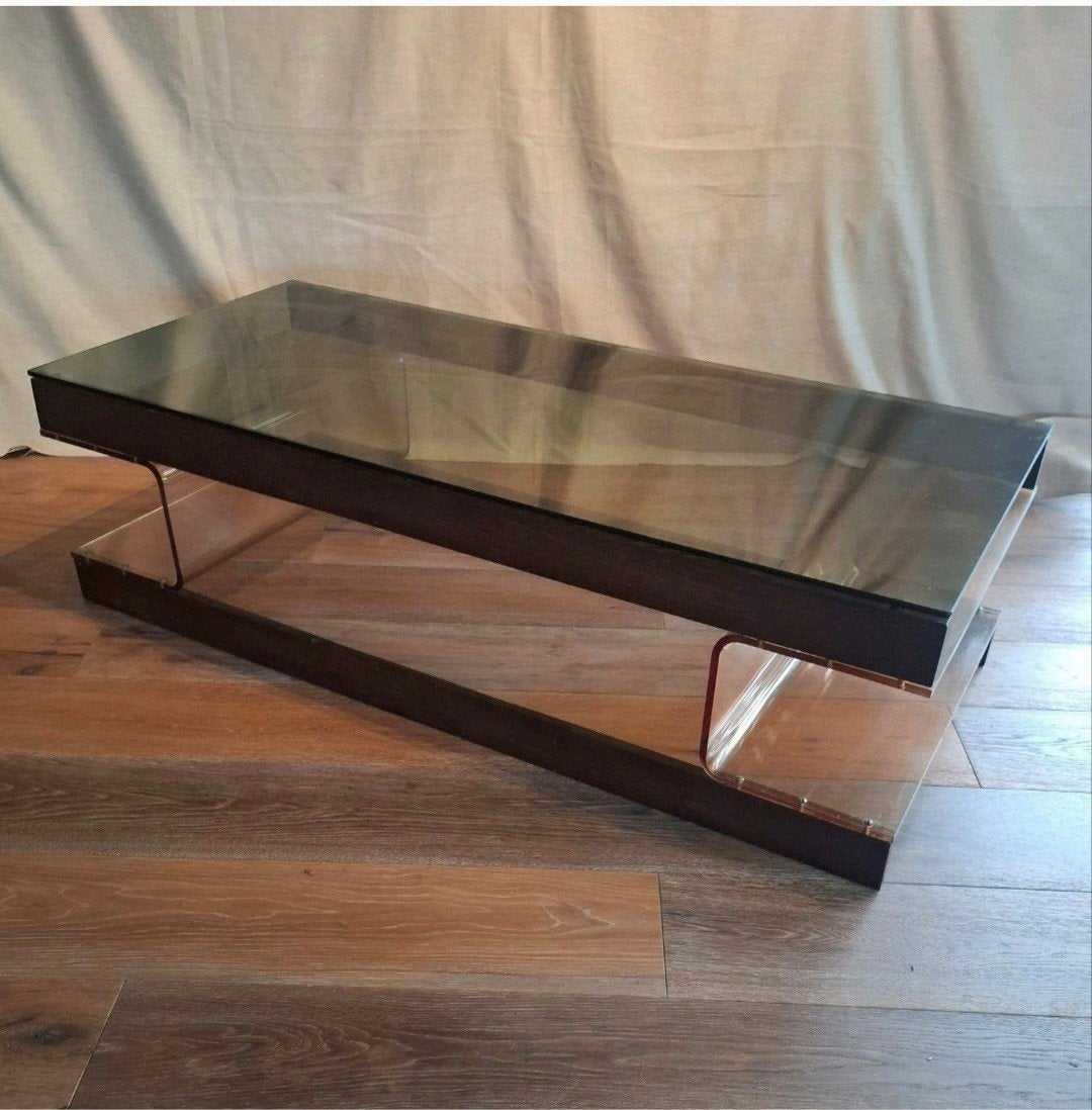 Vintage Roche Bobois Wengé Acryl Salontafel, Ophalen, 100 tot 150 cm, Overige houtsoorten, 50 tot 100 cm