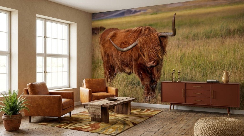 Fotobehang Schotse hooglander – stoer op maat, Natuurlijk, Overige merken, Ophalen of Verzenden, Groen