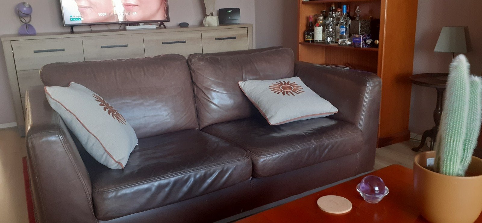 Perfecte leren bank, Huis en Inrichting, Banken | Bankstellen, Ophalen, 150 tot 200 cm, Zo goed als nieuw, Leer