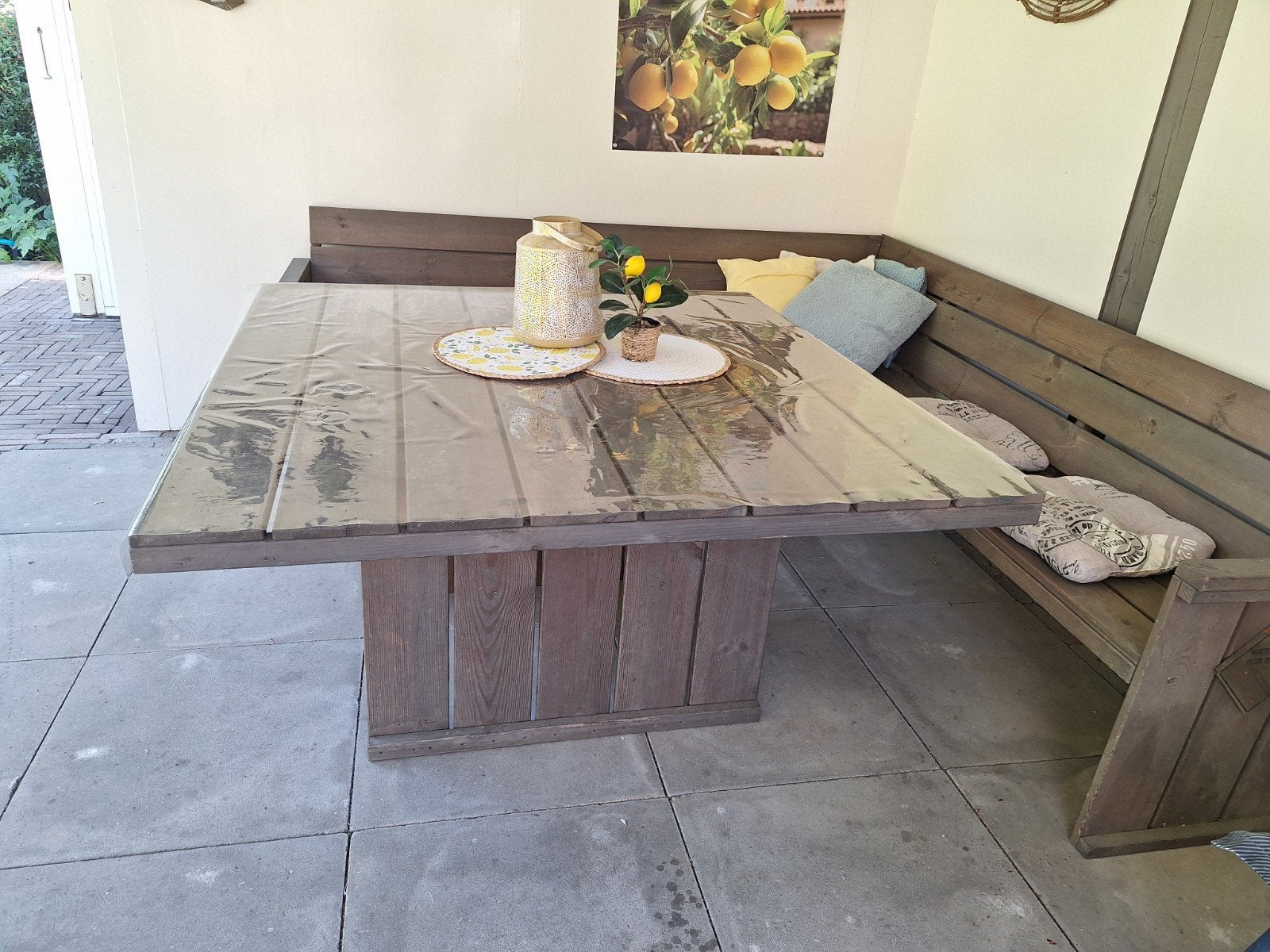 Houten tuintafel met hoekbank, tuinset, loungeset(Intratuin), Ophalen, Gebruikt, Hout