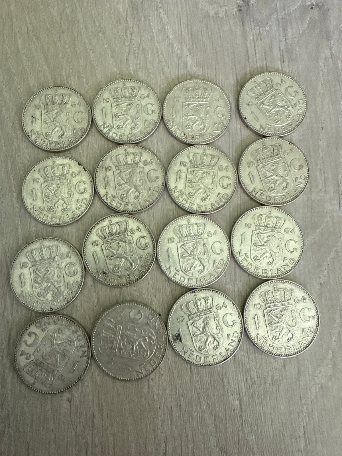 Set van 16 Nederlandse 1964 1 gulden munt, Koningin Juliana, 1 gulden, Koningin Juliana, Setje, Zilver