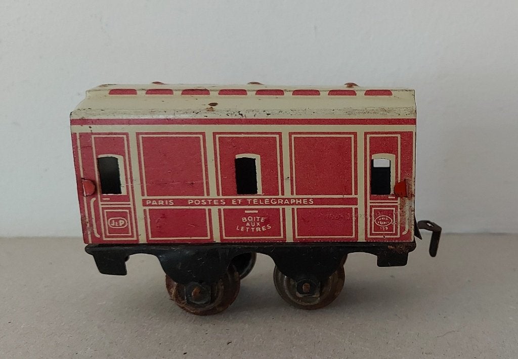 Antiek speelgoed Frans blik trein post wagon JeP, Antiek en Kunst, Antiek | Speelgoed, Ophalen of Verzenden