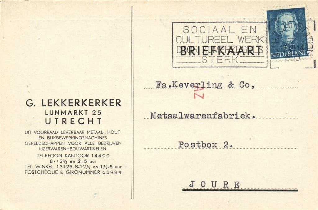 G. Lekkerkerker, Utrecht - 06.1950 - briefkaart, Ophalen of Verzenden, Briefkaart
