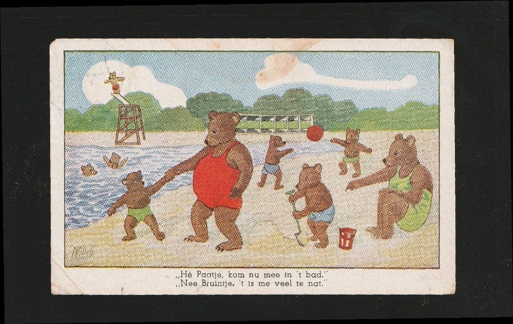 Ansicht Verklede beren spelen strand illu Lien Smit B07-13, Ophalen of Verzenden, 1940 tot 1960, Gelopen
