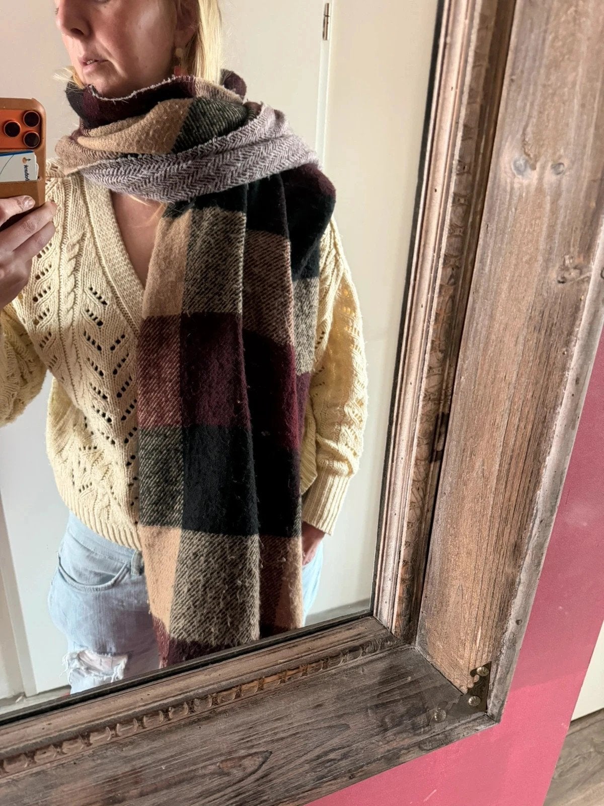Grote Geruite Gebreide Sjaal, Kleding | Dames, Mutsen, Sjaals en Handschoenen, Warm, Ophalen of Verzenden, Gedragen