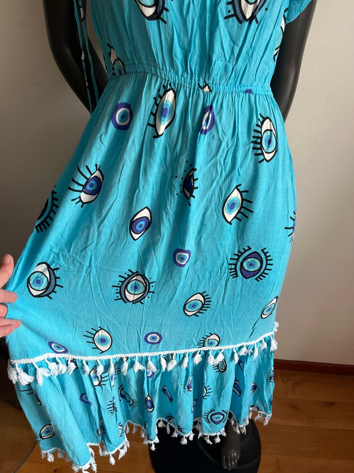 Zomerjurk met Evil Eye print en kwastjes - Maat 38/40, Maat 38/40 (M), Blauw, Ophalen of Verzenden, Zo goed als nieuw