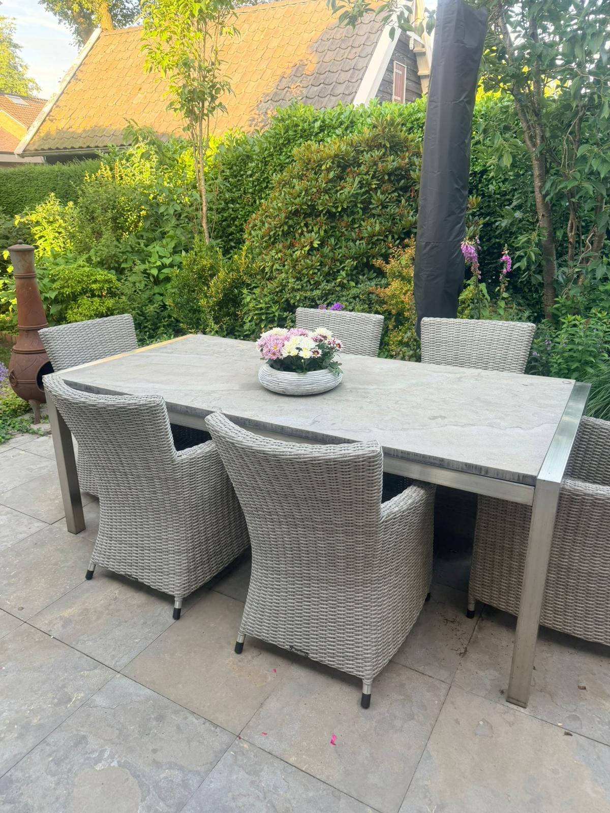 Tuintafel 2.12x1m hardsteen blad rvs onderstel, Tuin en Terras, Tuinsets en Loungesets, Ophalen, Gebruikt, Eettafel, 6 zitplaatsen